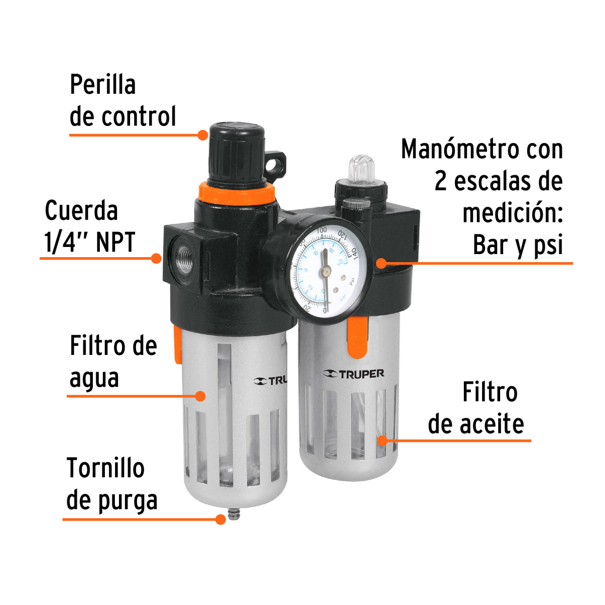 UNIDAD FILTRO 1/4 HEMBRA NPT 0-140 PSI TRUPER - Imagen 2