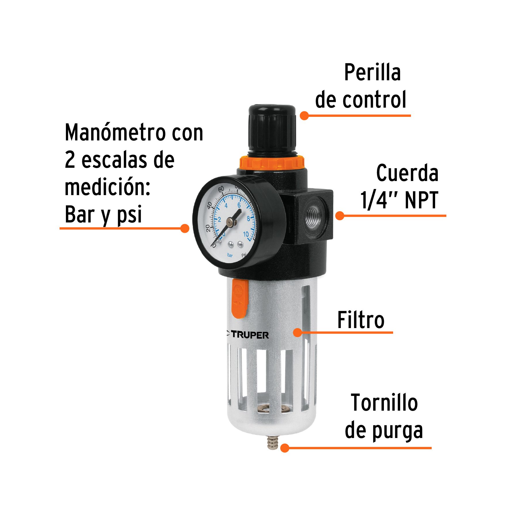 FILTRO REGULADOR AIRE 140 PSI MANOMETRO 1/4 HEMBRA NPT - Imagen 2