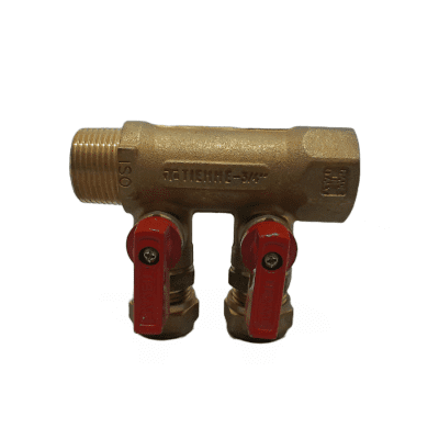 CONECTOR BRONCE DISTRIBUCION 3/4 H-M/NPT 2 SALIDAS 15 MM/PRESION VALVULA ROJA