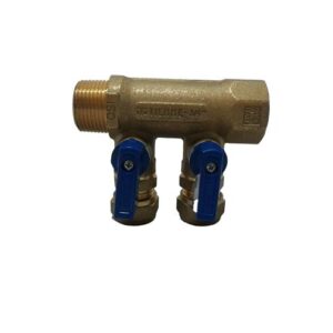 CONECTOR BRONCE DISTRIBUCION 3/4 H-M/NPT 2 SALIDAS 15 MILIMETROS PRESION VALVULA AZUL